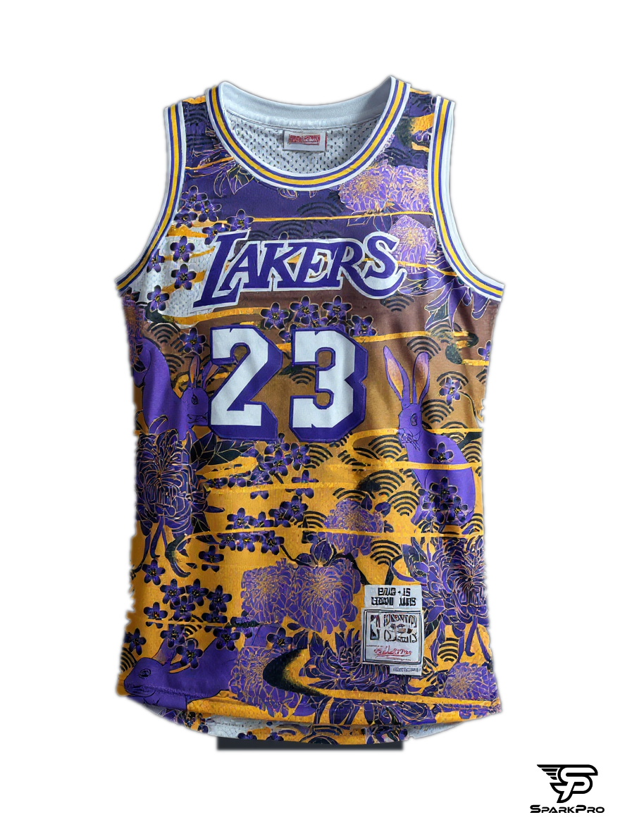 Camiseta Los Angeles Lakers Lebron James #23 Mitchell & Ness Morado - Vista 3D